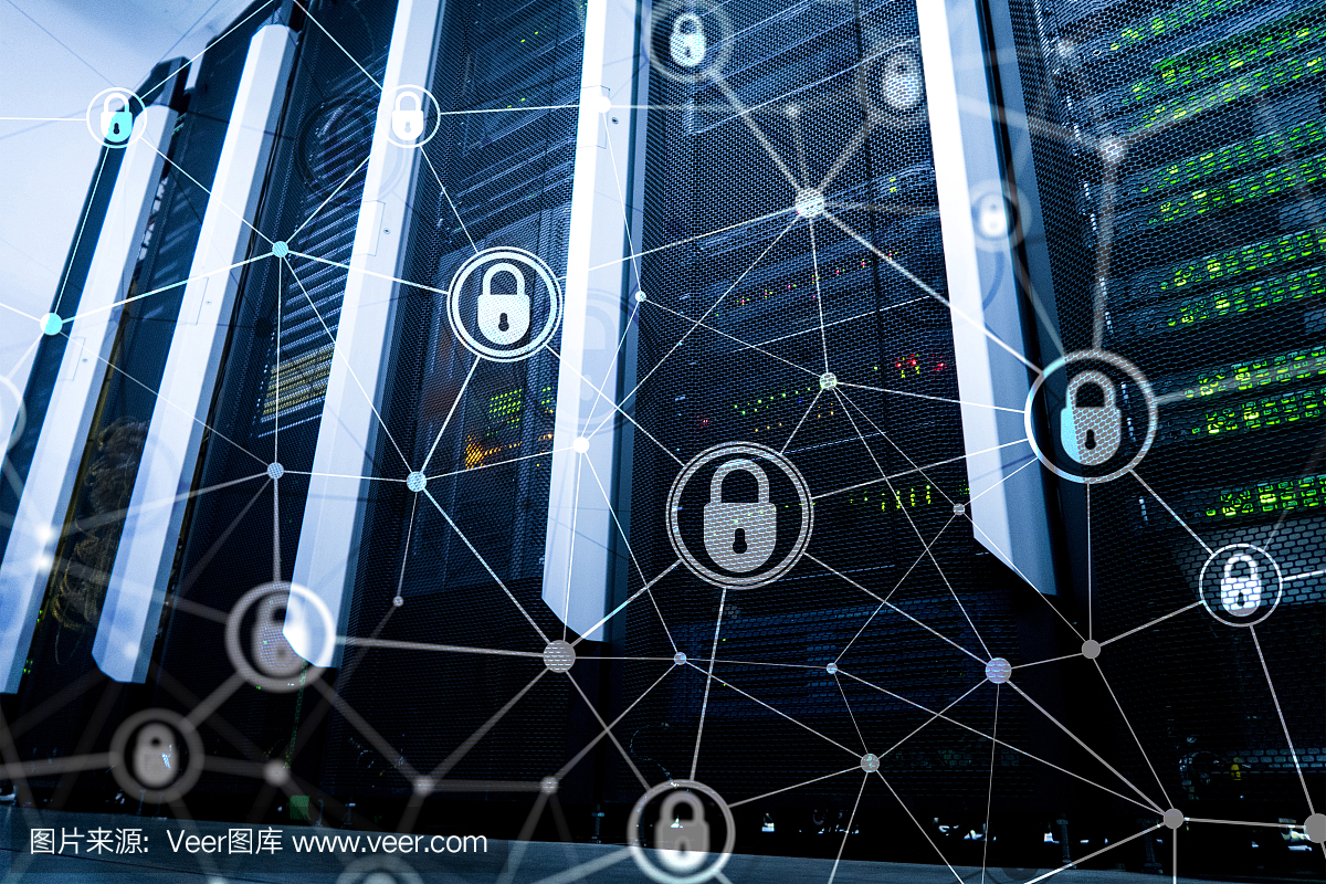 網絡安全,信息隱私,數據保護概念在現代服務器室背景下?；ヂ摼W和數字技術的概念。